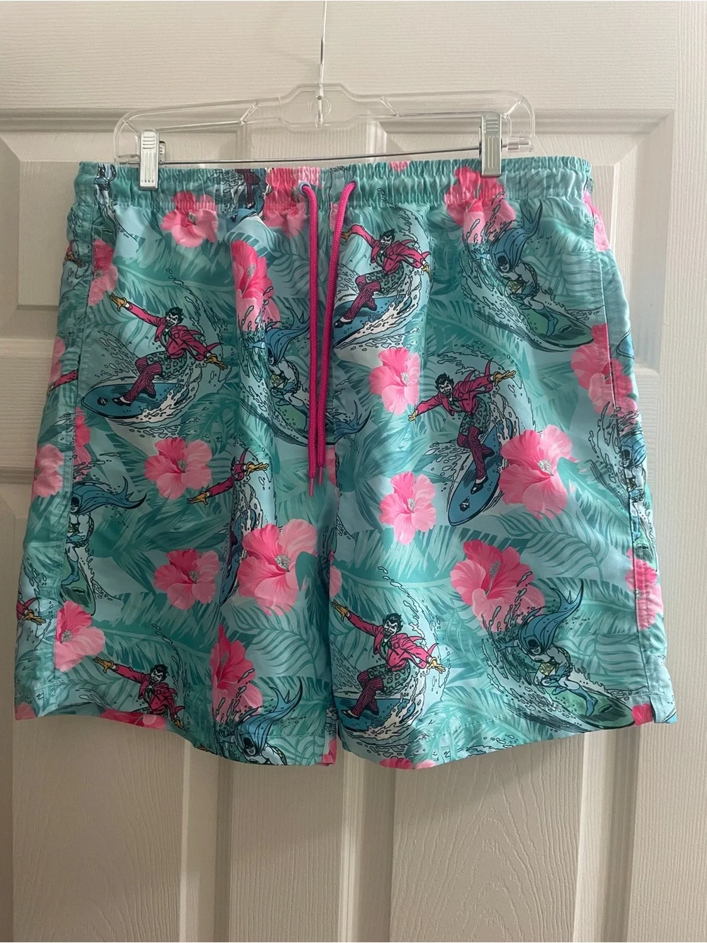 Men’s Classic Batman and Joker Surfing Swim Shorts - Pink & Turquoise